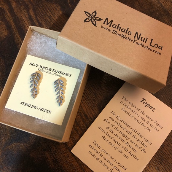 Blue Topaz Maile Leaf Fern Drop Earring - Picture 3 of 5